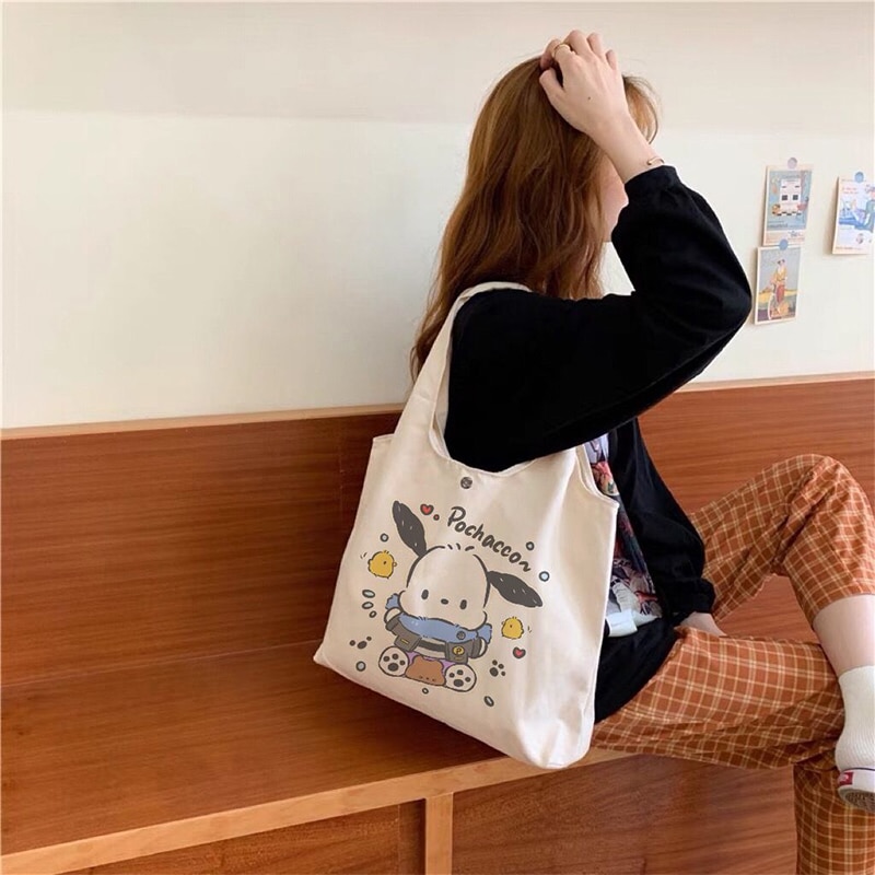Anime Sanrio Pochacco Shoulder Bags Kawaii High Capacity Cute Pattern Beauty Student Canvas Tote Bag Storage 3 - Pochacco Plush