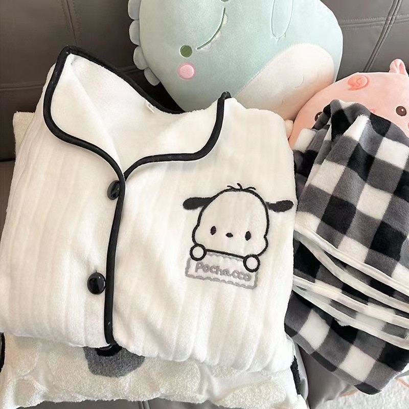 Sanrio Kawaii Pochacco Women Winter Warm Flannel Pajamas Thick Coral Velvet Long Sleeve Cartoon Sleepwear Kawaii - Pochacco Plush